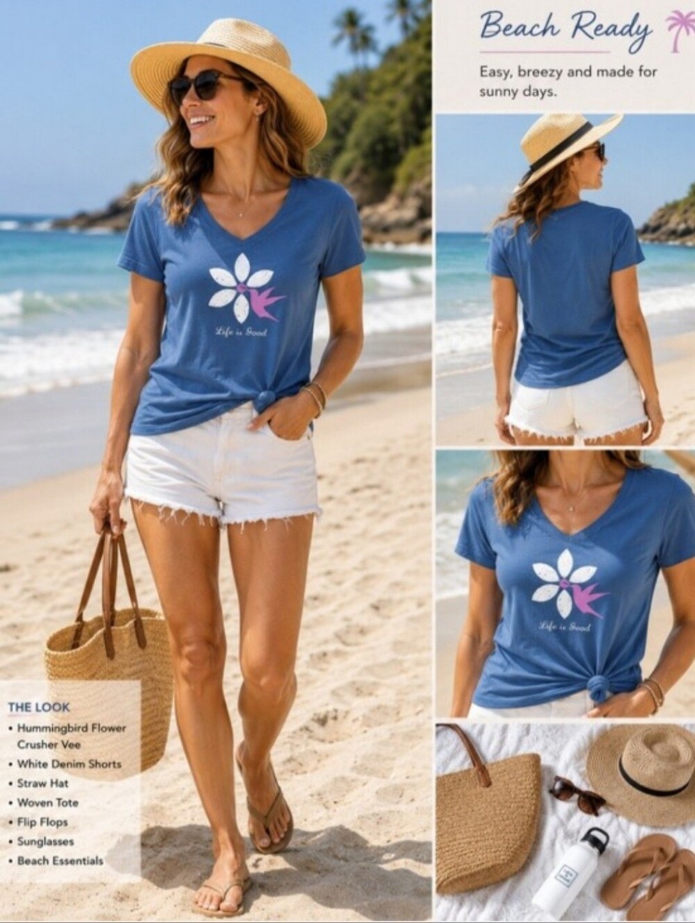 Life Is Good Women's Hummingbird Flower Short Sleeve Crusher Vee.
